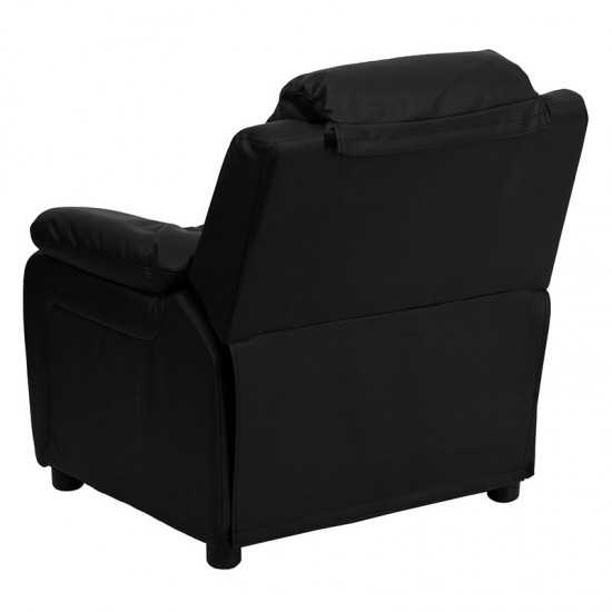 Deluxe Padded Contemporary Black LeatherSoft Kids Recliner with Storage Arms