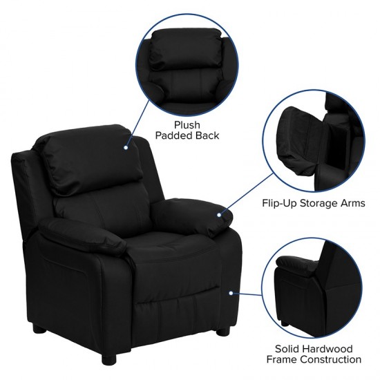 Deluxe Padded Contemporary Black LeatherSoft Kids Recliner with Storage Arms