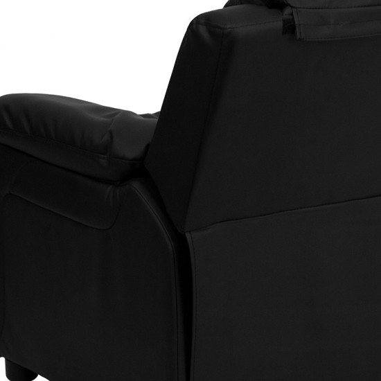 Deluxe Padded Contemporary Black LeatherSoft Kids Recliner with Storage Arms