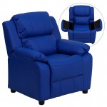 Deluxe Padded Contemporary Blue Vinyl Kids Recliner with Storage Arms