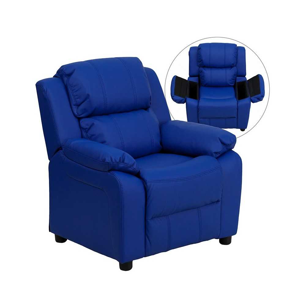 Deluxe Padded Contemporary Blue Vinyl Kids Recliner with Storage Arms