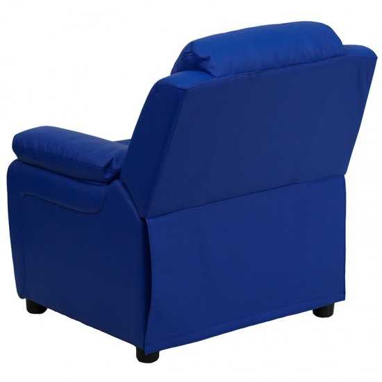 Deluxe Padded Contemporary Blue Vinyl Kids Recliner with Storage Arms