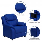 Deluxe Padded Contemporary Blue Vinyl Kids Recliner with Storage Arms