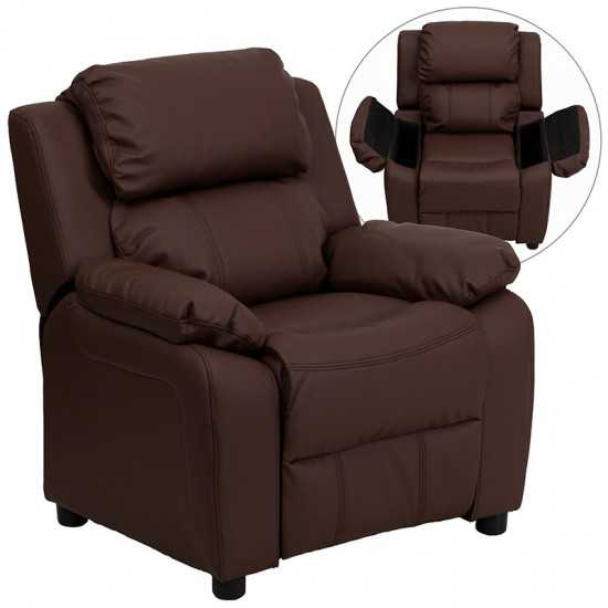 Deluxe Padded Contemporary Brown LeatherSoft Kids Recliner with Storage Arms