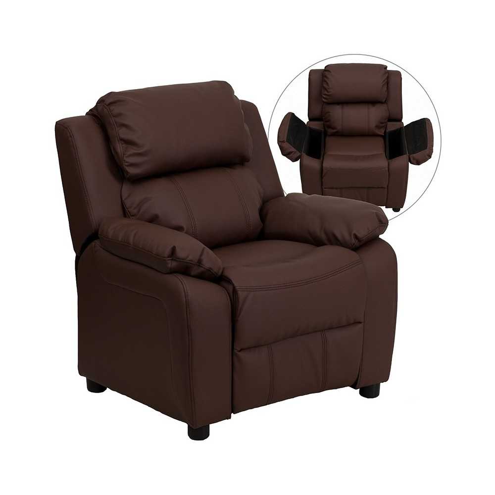 Deluxe Padded Contemporary Brown LeatherSoft Kids Recliner with Storage Arms