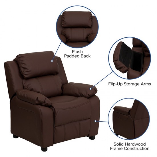 Deluxe Padded Contemporary Brown LeatherSoft Kids Recliner with Storage Arms