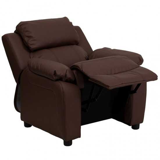 Deluxe Padded Contemporary Brown LeatherSoft Kids Recliner with Storage Arms