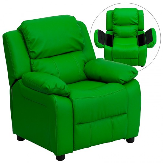 Deluxe Padded Contemporary Green Vinyl Kids Recliner with Storage Arms