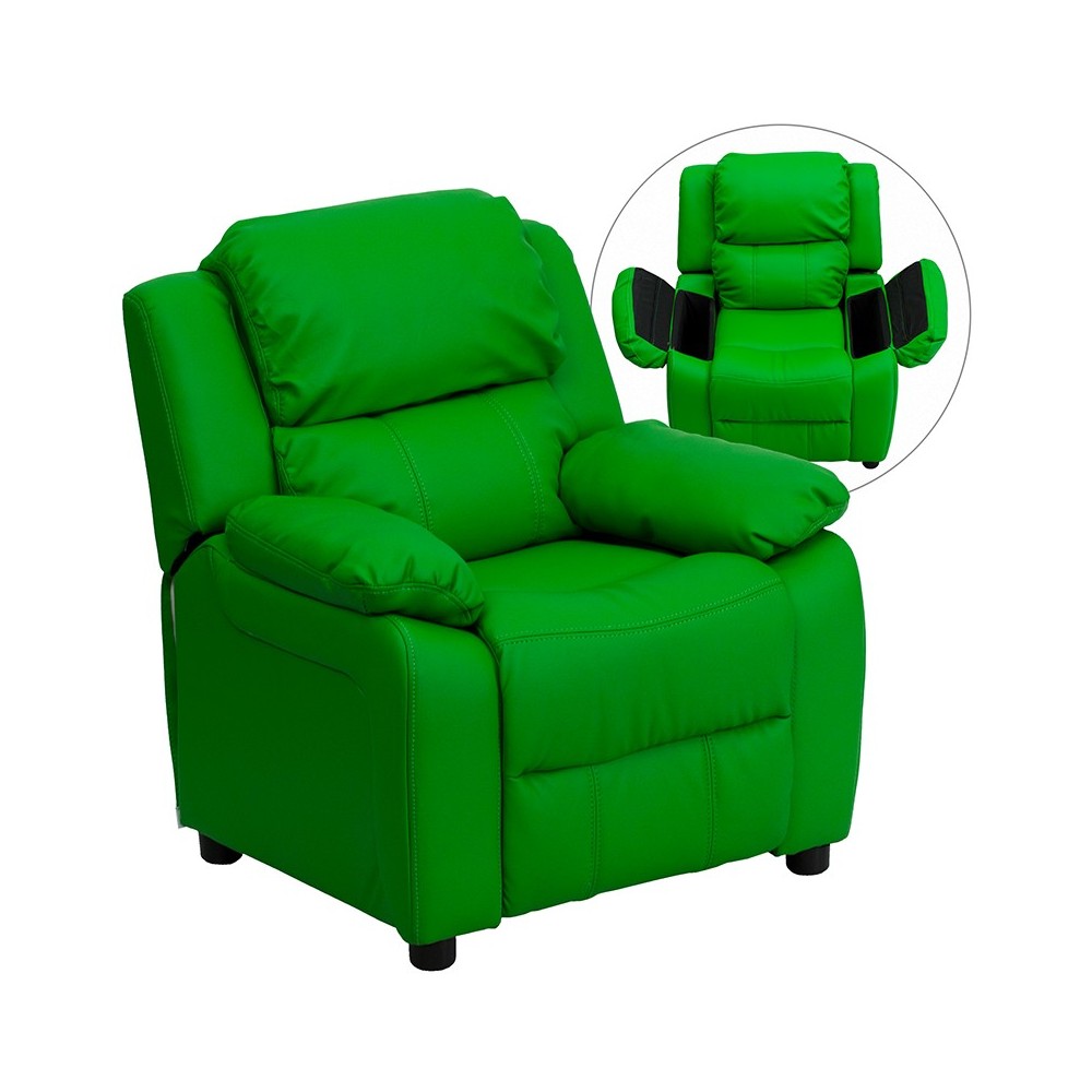 Deluxe Padded Contemporary Green Vinyl Kids Recliner with Storage Arms