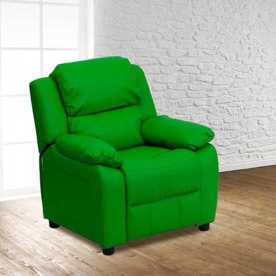 Deluxe Padded Contemporary Green Vinyl Kids Recliner with Storage Arms