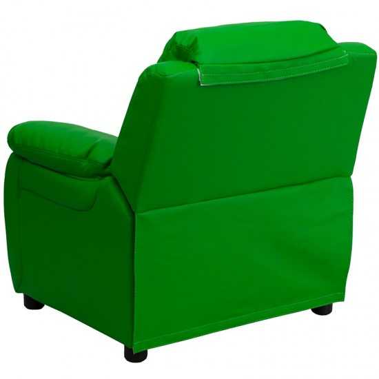 Deluxe Padded Contemporary Green Vinyl Kids Recliner with Storage Arms