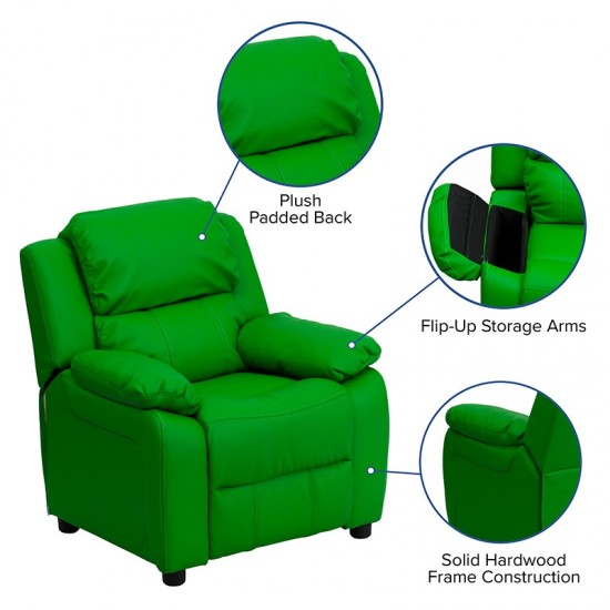 Deluxe Padded Contemporary Green Vinyl Kids Recliner with Storage Arms