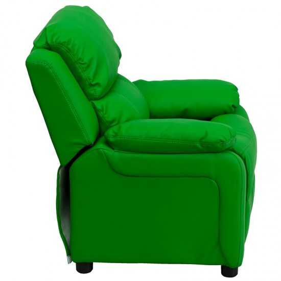 Deluxe Padded Contemporary Green Vinyl Kids Recliner with Storage Arms