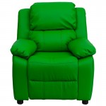 Deluxe Padded Contemporary Green Vinyl Kids Recliner with Storage Arms