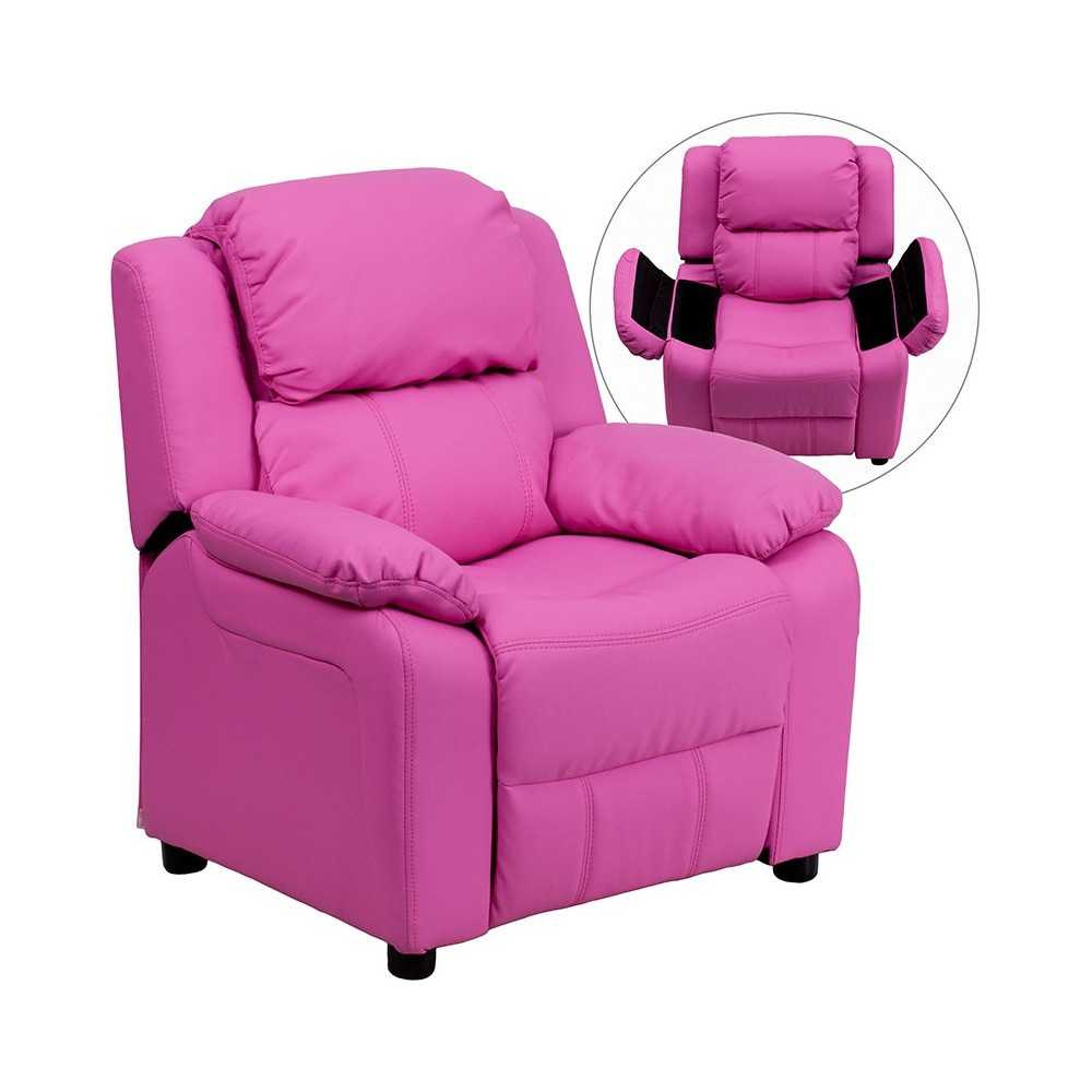 Deluxe Padded Contemporary Hot Pink Vinyl Kids Recliner with Storage Arms
