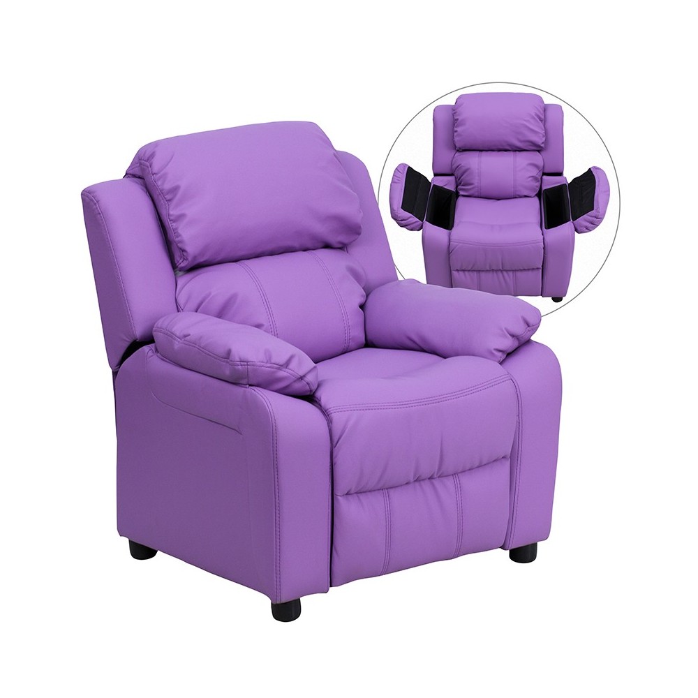 Deluxe Padded Contemporary Lavender Vinyl Kids Recliner with Storage Arms Deluxe Padded Contemporary Lavender Vinyl Kids Recliner with Storage Arms