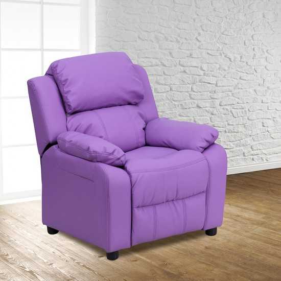 Deluxe Padded Contemporary Lavender Vinyl Kids Recliner with Storage Arms