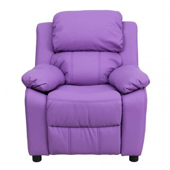 Deluxe Padded Contemporary Lavender Vinyl Kids Recliner with Storage Arms