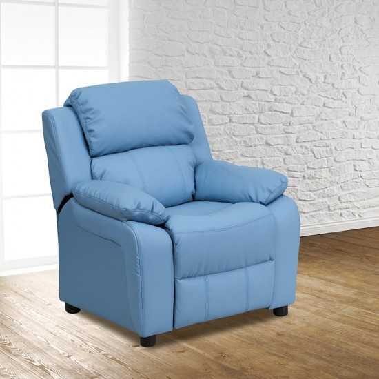 Deluxe Padded Contemporary Light Blue Vinyl Kids Recliner with Storage Arms