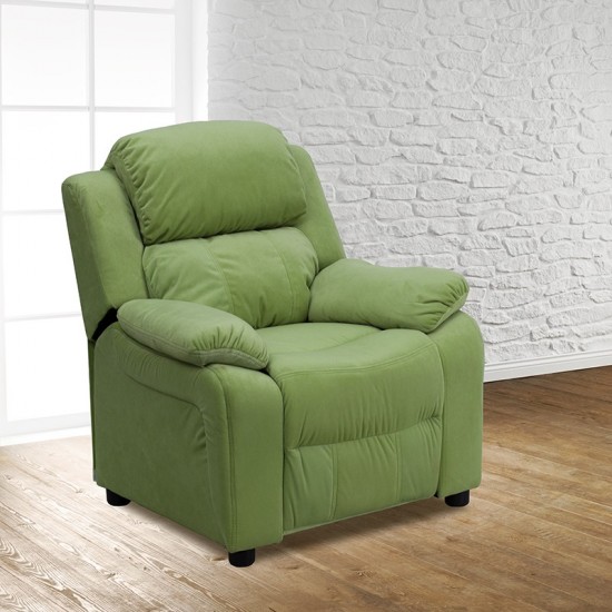 Deluxe Padded Contemporary Avocado Microfiber Kids Recliner with Storage Arms