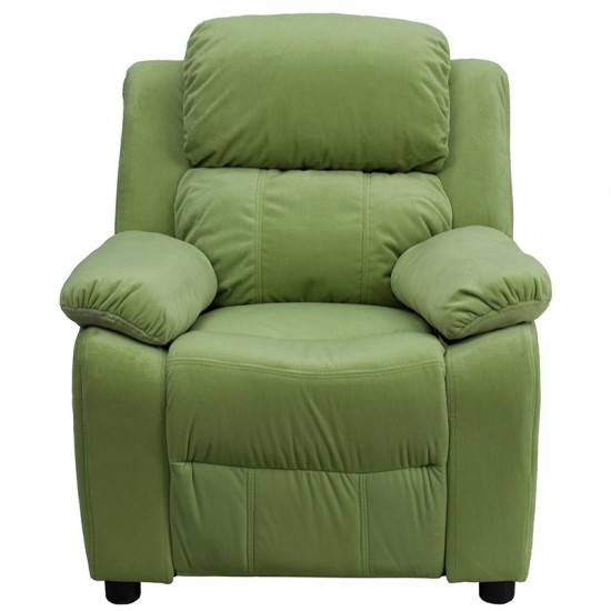Deluxe Padded Contemporary Avocado Microfiber Kids Recliner with Storage Arms