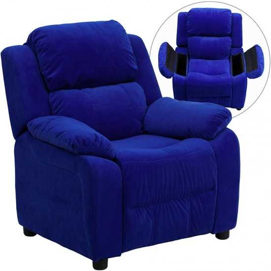 Deluxe Padded Contemporary Blue Microfiber Kids Recliner with Storage Arms