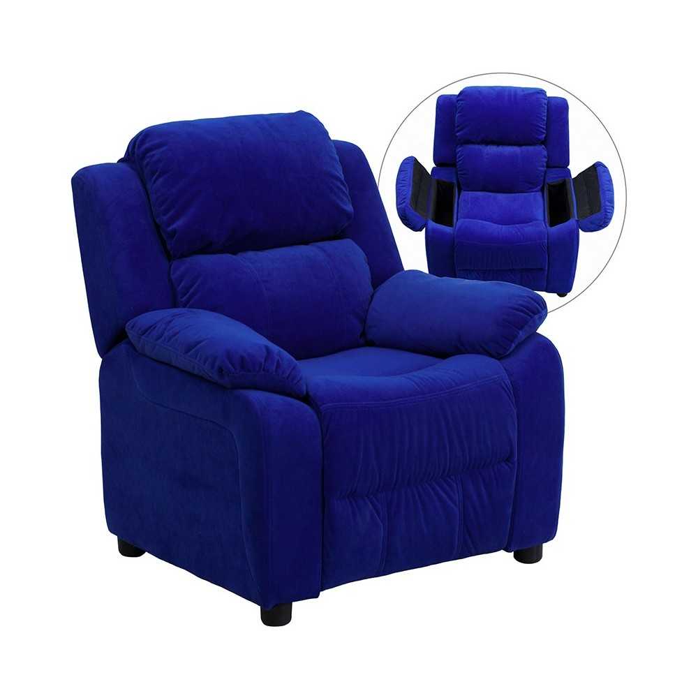 Deluxe Padded Contemporary Blue Microfiber Kids Recliner with Storage Arms