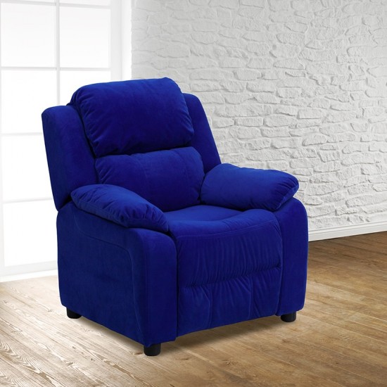 Deluxe Padded Contemporary Blue Microfiber Kids Recliner with Storage Arms