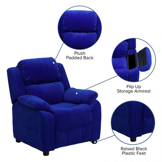 Deluxe Padded Contemporary Blue Microfiber Kids Recliner with Storage Arms