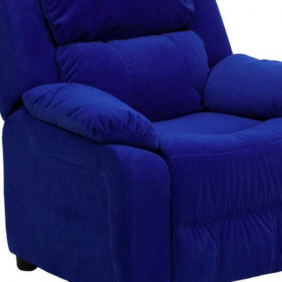 Deluxe Padded Contemporary Blue Microfiber Kids Recliner with Storage Arms