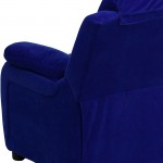 Deluxe Padded Contemporary Blue Microfiber Kids Recliner with Storage Arms