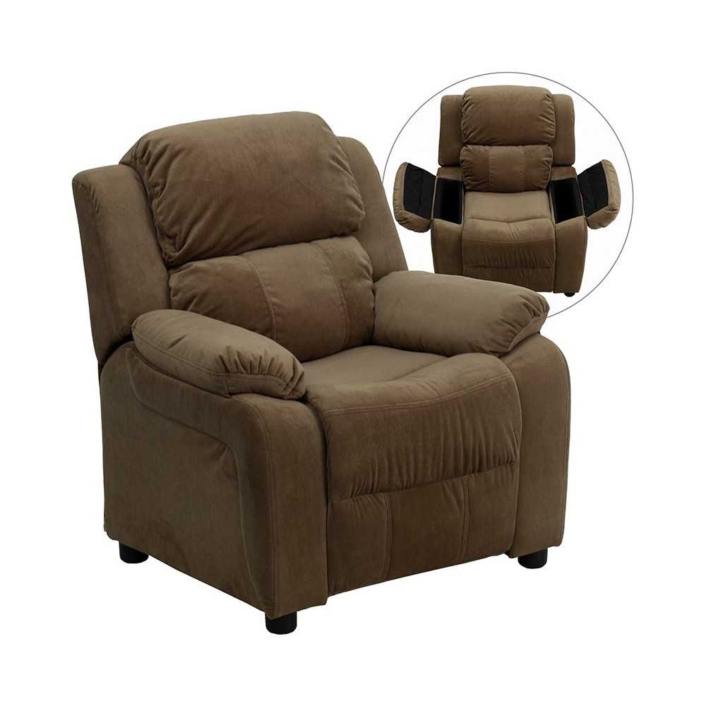 Deluxe Padded Contemporary Brown Microfiber Kids Recliner with Storage Arms