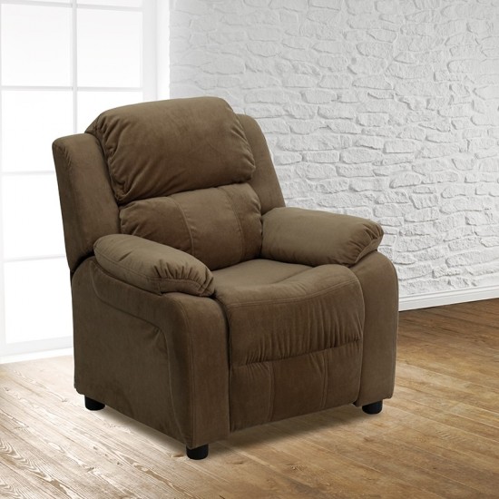 Deluxe Padded Contemporary Brown Microfiber Kids Recliner with Storage Arms