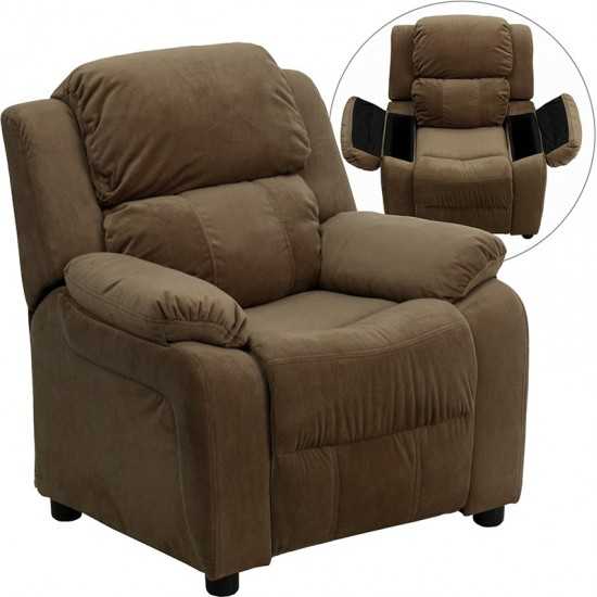 Deluxe Padded Contemporary Brown Microfiber Kids Recliner with Storage Arms