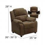 Deluxe Padded Contemporary Brown Microfiber Kids Recliner with Storage Arms