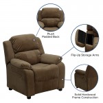 Deluxe Padded Contemporary Brown Microfiber Kids Recliner with Storage Arms