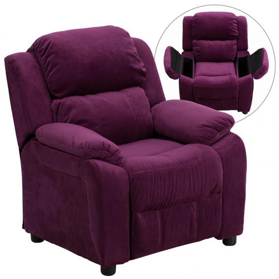 Deluxe Padded Contemporary Purple Microfiber Kids Recliner with Storage Arms