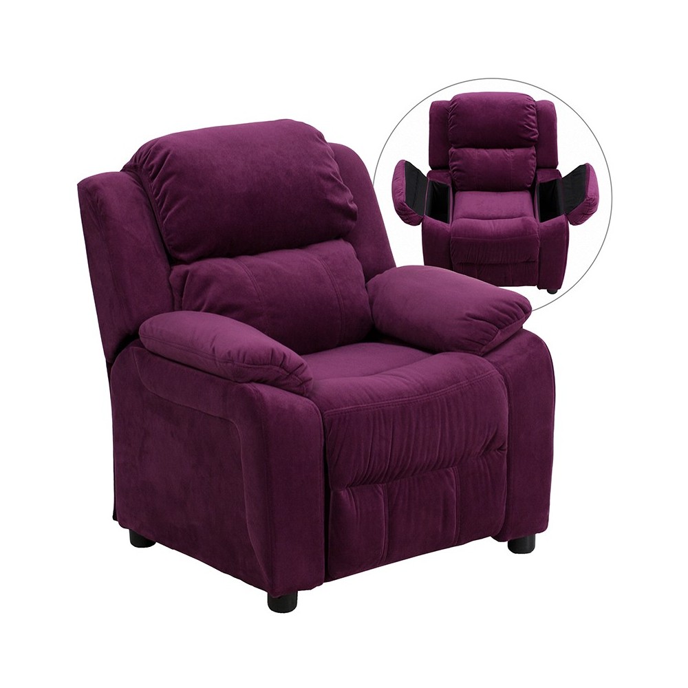 Deluxe Padded Contemporary Purple Microfiber Kids Recliner with Storage Arms