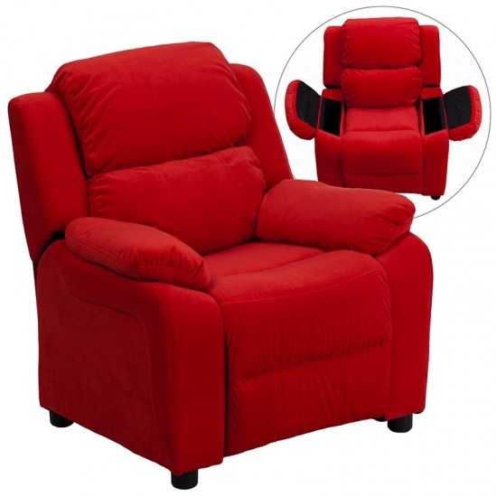 Deluxe Padded Contemporary Red Microfiber Kids Recliner with Storage Arms