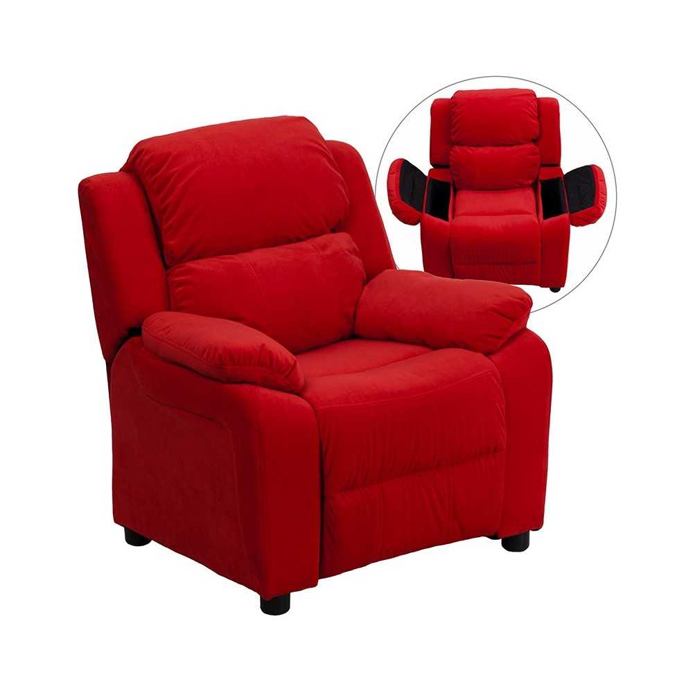 Deluxe Padded Contemporary Red Microfiber Kids Recliner with Storage Arms