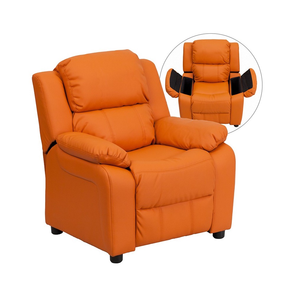 Deluxe Padded Contemporary Orange Vinyl Kids Recliner with Storage Arms