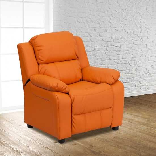 Deluxe Padded Contemporary Orange Vinyl Kids Recliner with Storage Arms