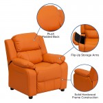 Deluxe Padded Contemporary Orange Vinyl Kids Recliner with Storage Arms