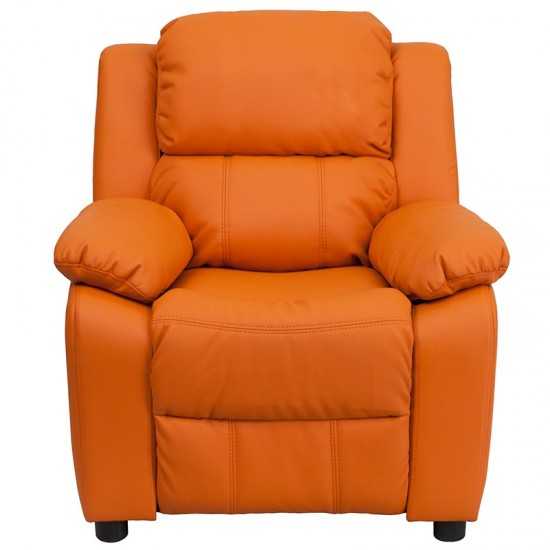 Deluxe Padded Contemporary Orange Vinyl Kids Recliner with Storage Arms