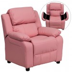 Deluxe Padded Contemporary Pink Vinyl Kids Recliner with Storage Arms