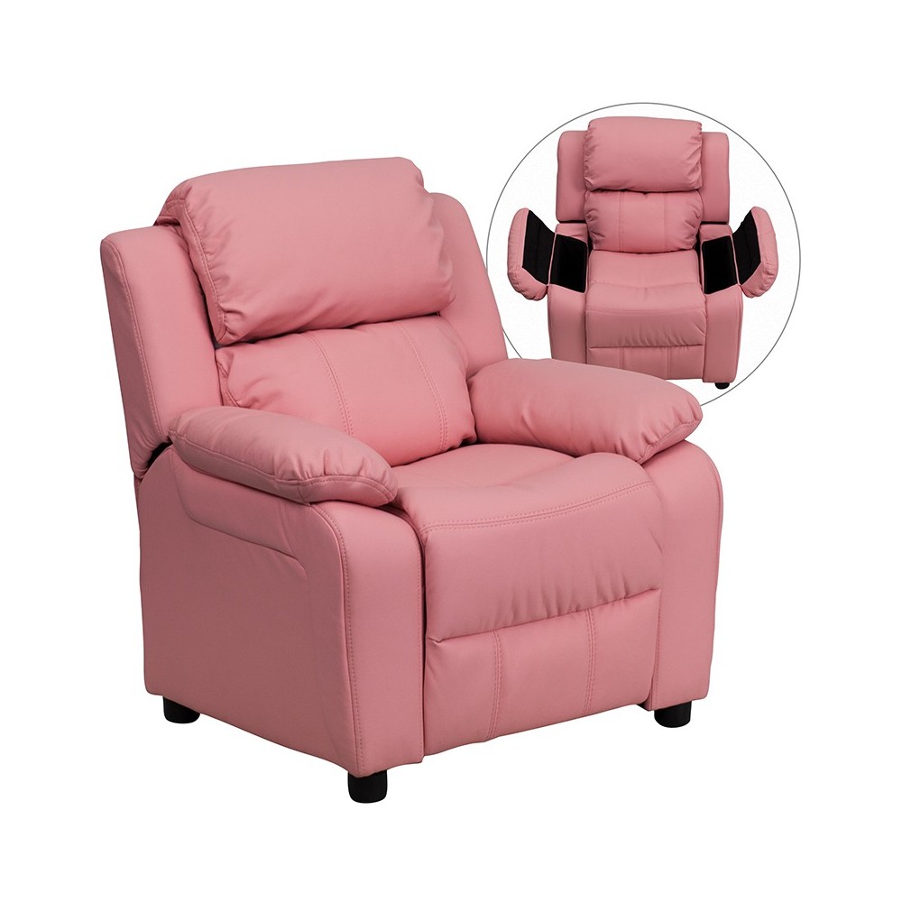 Deluxe Padded Contemporary Pink Vinyl Kids Recliner with Storage Arms