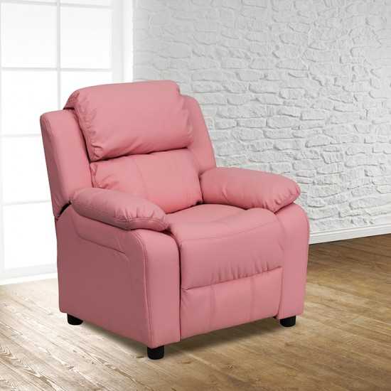 Deluxe Padded Contemporary Pink Vinyl Kids Recliner with Storage Arms