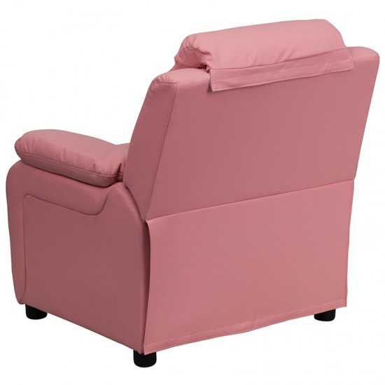 Deluxe Padded Contemporary Pink Vinyl Kids Recliner with Storage Arms