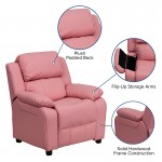 Deluxe Padded Contemporary Pink Vinyl Kids Recliner with Storage Arms