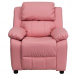 Deluxe Padded Contemporary Pink Vinyl Kids Recliner with Storage Arms